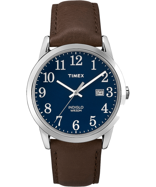 relojes | Timex Reloj Easy Reader de 38 mm con correa de cuero tono plateado/marrón/azul hombres Z8X2305