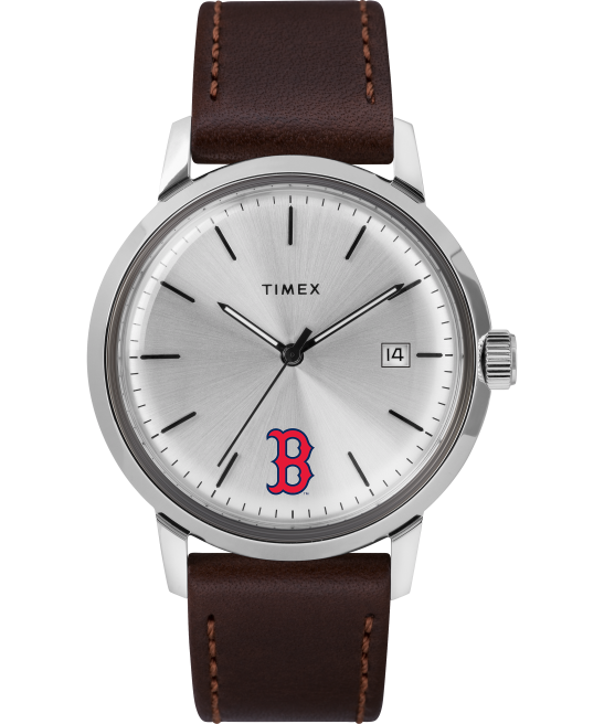 relojes | Timex Reloj Marlin automático de 40 mm con correa de cuero y con los Boston Red Sox. acero inoxidable/marrón/tono plateado hombres Z8X2292