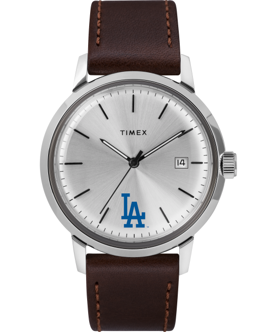 relojes | Timex Reloj Marlin automático de 40 mm con correa de cuero y con los Dodgers de Los Ángeles. acero inoxidable/marrón/tono plateado hombres Z8X2291