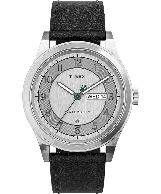 relojes | Timex Reloj Waterbury tradicional con fecha y día de 39 mm con correa de cuero acero inoxidable/negro/tono plateado hombres Z8X2289
