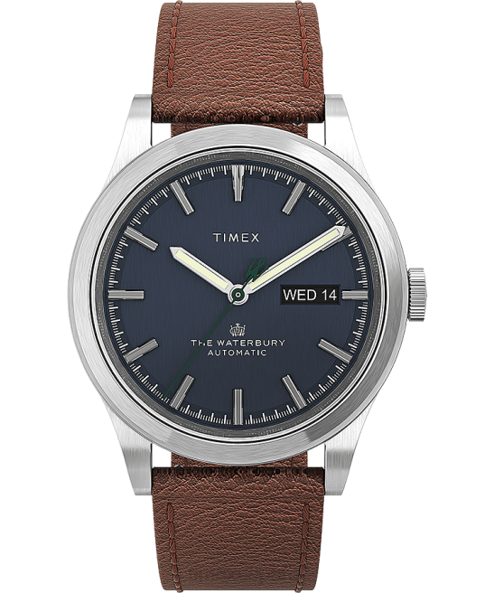 relojes | Timex Reloj Waterbury tradicional automático de 39 mm con correa de cuero. acero inoxidable/bronceado/azul hombres Z8X255