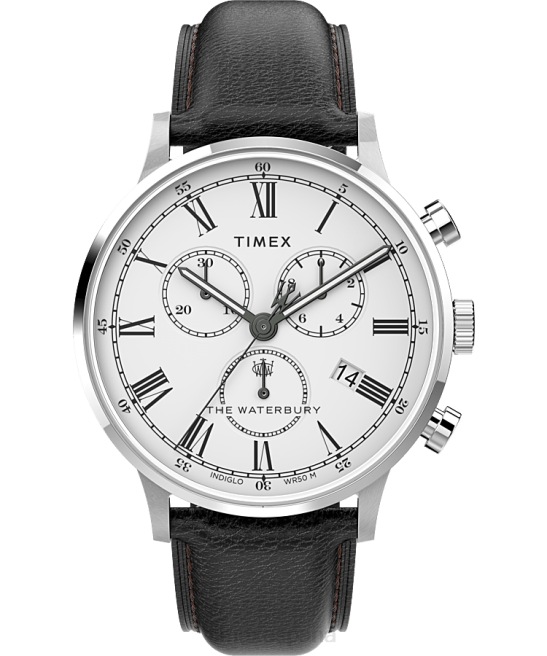 relojes | Timex Reloj cronógrafo clásico Waterbury de 40 mm con correa de cuero. acero inoxidable/negro/blanco hombres Z8X2106