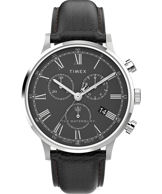 relojes | Timex Reloj cronógrafo clásico Waterbury de 40 mm con correa de cuero. acero inoxidable/negro hombres Z8X287