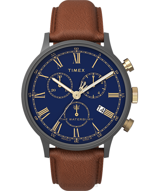 relojes | Timex Reloj cronógrafo clásico Waterbury de 40 mm con correa de cuero. bronce/marrón/azul hombres Z8X292