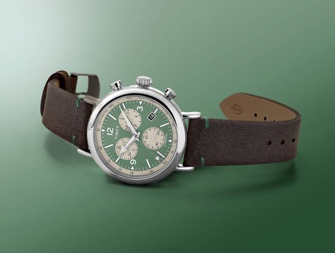 relojes | Timex Reloj cronógrafo estándar de 41 mm con correa de cuero ecológico. tono plateado/marrón/verde hombres Z8X2103