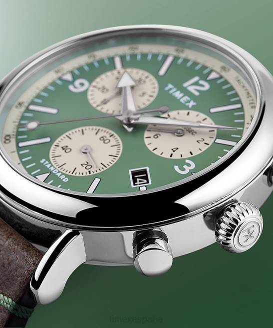 relojes | Timex Reloj cronógrafo estándar de 41 mm con correa de cuero ecológico. tono plateado/marrón/verde hombres Z8X2103