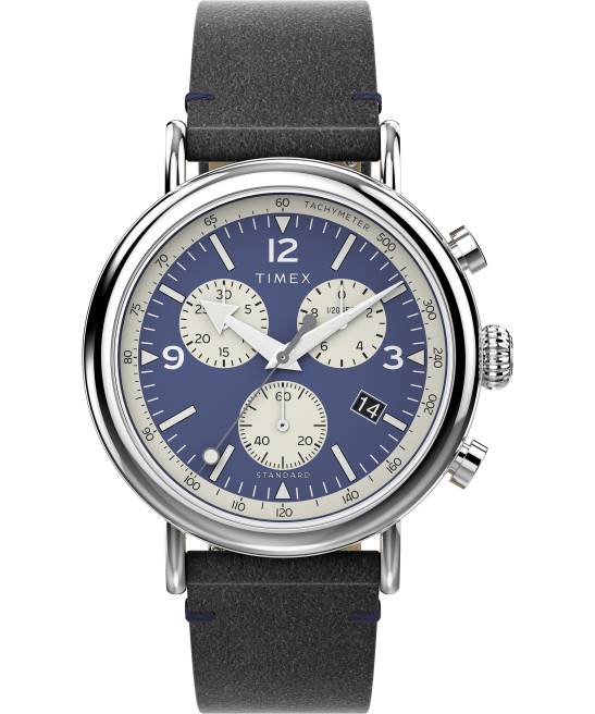 relojes | Timex Reloj cronógrafo estándar de 41 mm con correa de cuero ecológico. tono plateado/negro/azul hombres Z8X298