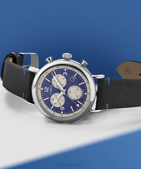 relojes | Timex Reloj cronógrafo estándar de 41 mm con correa de cuero ecológico. tono plateado/negro/azul hombres Z8X298