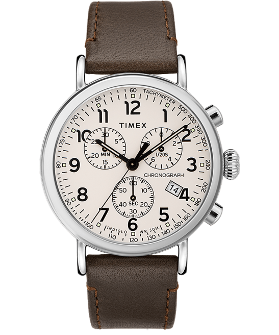 relojes | Timex Reloj cronógrafo estándar de 41 mm con correa de cuero. tono plateado/marrón/crema hombres Z8X290