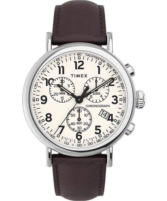 relojes | Timex Reloj cronógrafo estándar de 41 mm con correa de cuero. tono plateado/marrón/crema hombres Z8X297