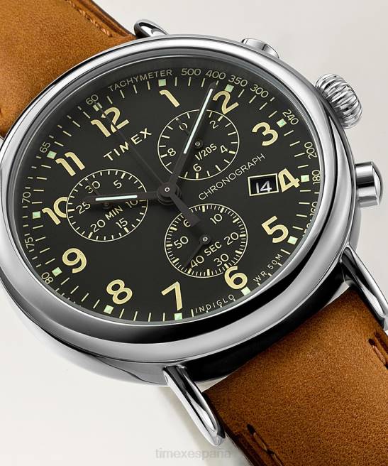 relojes | Timex Reloj cronógrafo estándar de 41 mm con correa de cuero. tono plateado/marrón/verde hombres Z8X2101