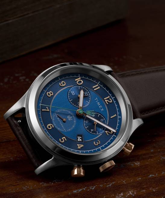 relojes | Timex Reloj cronógrafo tradicional Waterbury de 42 mm con correa de cuero. acero inoxidable/azul hombres Z8X283