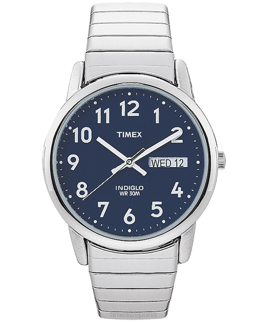 relojes | Timex reloj con correa de expansión de 35 mm y fecha del día de fácil lectura tono plateado/acero inoxidable/azul hombres Z8X2160