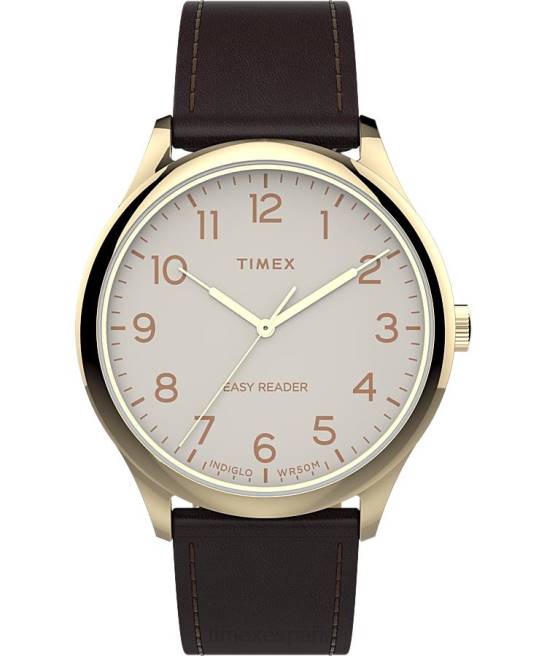 relojes | Timex Reloj Easy Reader de 40 mm con correa de cuero tono dorado/crema hombres Z8X2234