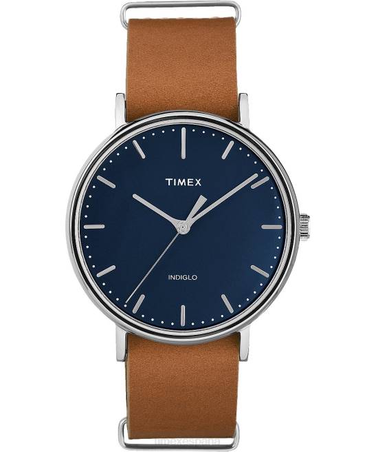 relojes | Timex Reloj Fairfield deslizante de 41 mm con correa de cuero cromo/bronceado/azul hombres Z8X2198