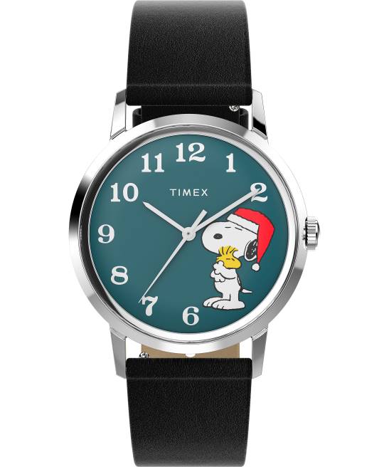 relojes | Timex Reloj Marlin de cuerda manual x Snoopy Holiday de 34 mm con correa de cuero acero inoxidable/negro/azul hombres Z8X2185