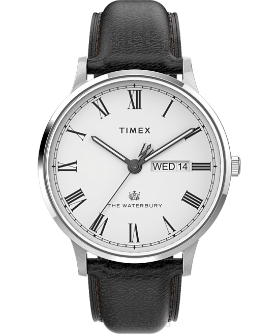relojes | Timex Reloj Waterbury Classic con día y fecha de 40 mm con correa de cuero acero inoxidable/negro/blanco hombres Z8X2229