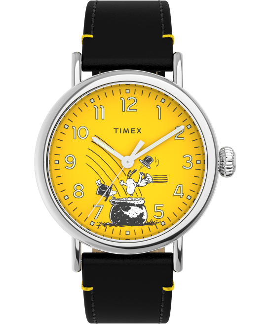relojes | Timex reloj estándar x cacahuetes con correa de cuero de 40 mm del día de San Patricio de Snoopy tono plateado/negro/amarillo hombres Z8X2176