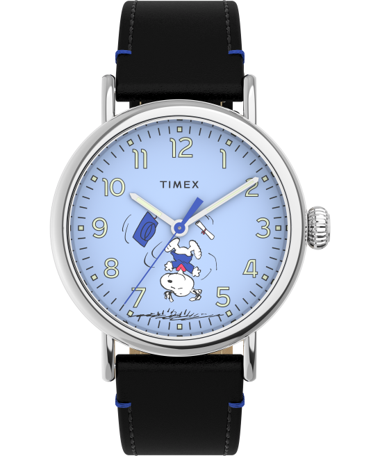 relojes | Timex reloj estándar x cacahuetes con graduación de snoopy de 40 mm con correa de cuero tono plateado/negro/azul hombres Z8X2208