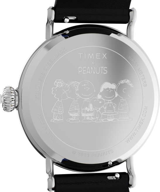 relojes | Timex reloj estándar x cacahuetes con graduación de snoopy de 40 mm con correa de cuero tono plateado/negro/azul hombres Z8X2208