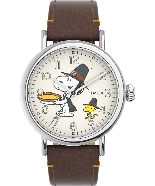 relojes | Timex reloj estándar x cacahuetes con snoopy de acción de gracias de 40 mm con correa de cuero marrón hombres Z8X2187