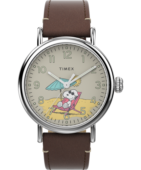 relojes | Timex reloj estándar x cacahuetes con snoopy en la playa con correa de cuero de 40 mm tono plateado/marrón/bronceado hombres Z8X2225