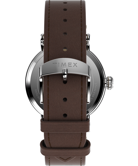relojes | Timex reloj estándar x cacahuetes con snoopy en la playa con correa de cuero de 40 mm tono plateado/marrón/bronceado hombres Z8X2225