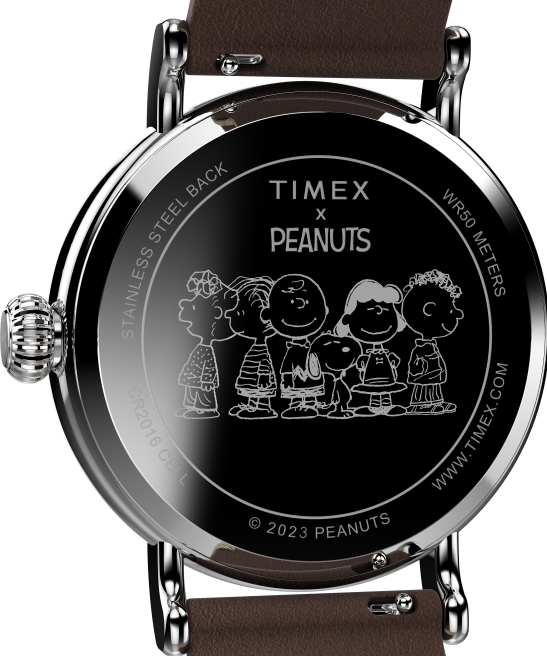 relojes | Timex reloj estándar x cacahuetes con snoopy en la playa con correa de cuero de 40 mm tono plateado/marrón/bronceado hombres Z8X2225