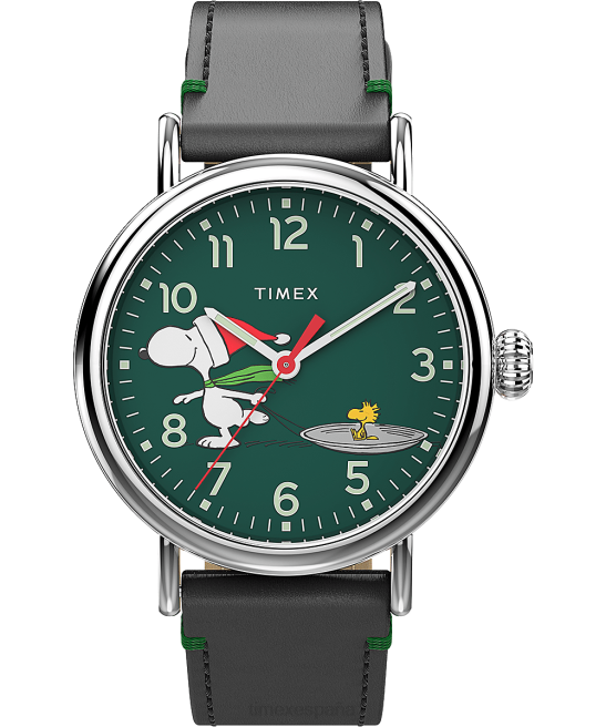 relojes | Timex reloj estándar x cacahuetes con snoopy patinaje sobre hielo de 40 mm con correa de cuero tono plateado/negro/verde hombres Z8X2184