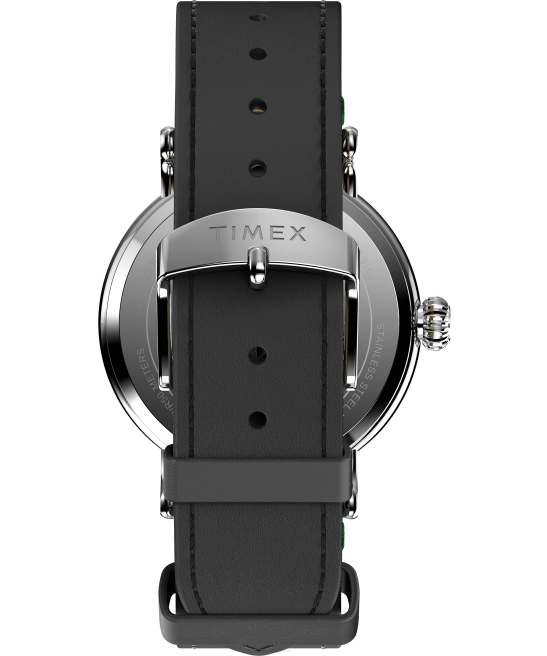 relojes | Timex reloj estándar x cacahuetes con snoopy patinaje sobre hielo de 40 mm con correa de cuero tono plateado/negro/verde hombres Z8X2184