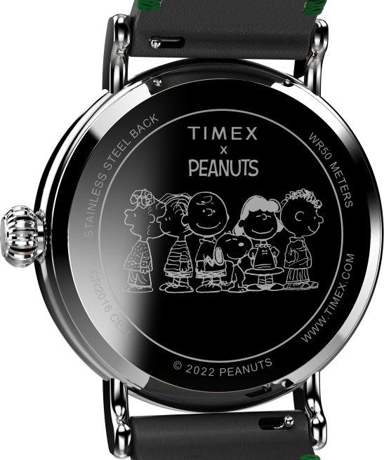 relojes | Timex reloj estándar x cacahuetes con snoopy patinaje sobre hielo de 40 mm con correa de cuero tono plateado/negro/verde hombres Z8X2184