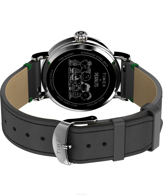 relojes | Timex reloj estándar x cacahuetes con snoopy patinaje sobre hielo de 40 mm con correa de cuero tono plateado/negro/verde hombres Z8X2184