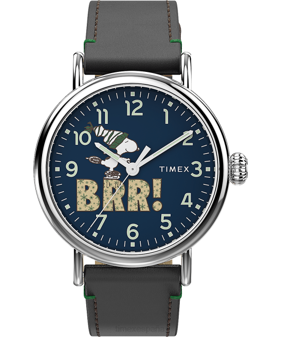 relojes | Timex reloj estándar x cacahuetes con snoopy winter de 40 mm con correa de cuero tono plateado/marrón/azul hombres Z8X2197