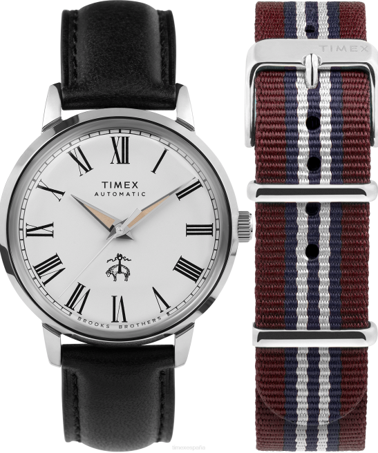 relojes | Timex x Brooks Brothers Marlin automático de 38 mm con correa de cuero y correa de tela acero inoxidable/negro/crema hombres Z8X2174