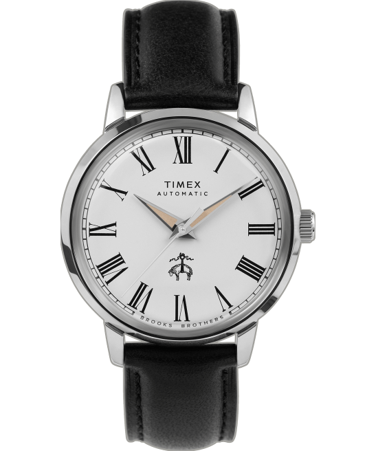 relojes | Timex x Brooks Brothers Marlin automático de 38 mm con correa de cuero y correa de tela acero inoxidable/negro/crema hombres Z8X2174