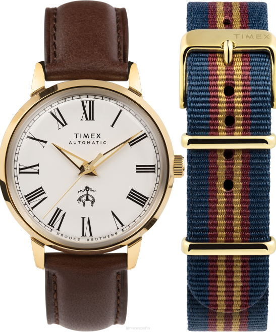 relojes | Timex x Brooks Brothers Marlin automático en tono dorado, juego de correa de cuero y correa de tela de 38 mm acero inoxidable/marrón/crema hombres Z8X2175
