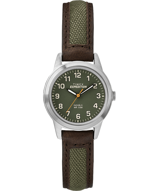 relojes | Timex Reloj Expedition Field Mini de 26 mm con correa de cuero. cromo/marrón/verde hombres Z8X225