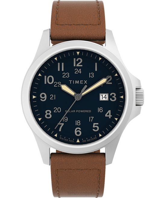 relojes | Timex Reloj Expedition North Field Post Solar de 41 mm con correa de cuero ecológico acero inoxidable/marrón/azul hombres Z8X28