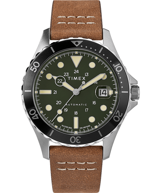 relojes | Timex reloj navi xl automático de 41 mm con correa de cuero acero inoxidable/marrón/verde hombres Z8X210