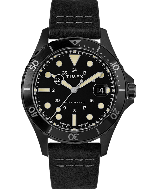 relojes | Timex reloj navi xl automático de 41 mm con correa de cuero acero inoxidable/negro hombres Z8X235