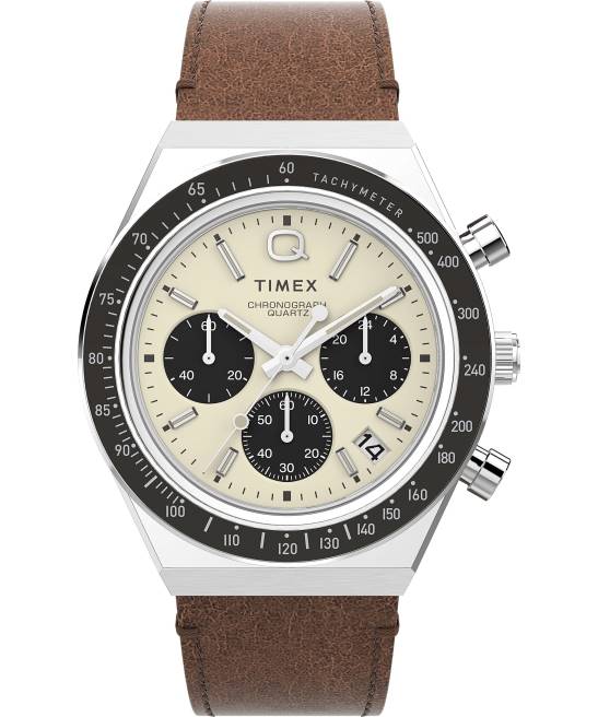 relojes | Q Timex Reloj cronógrafo de 40 mm con correa de piel. acero inoxidable/marrón/crema hombres Z8X266