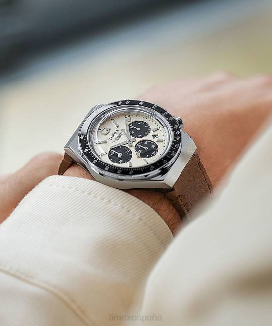 relojes | Q Timex Reloj cronógrafo de 40 mm con correa de piel. acero inoxidable/marrón/crema hombres Z8X266