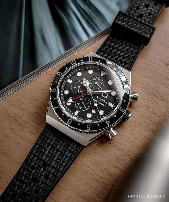 relojes | Q Timex Reloj cronógrafo de tres zonas horarias de 40 mm con correa de caucho sintético acero inoxidable/negro hombres Z8X262