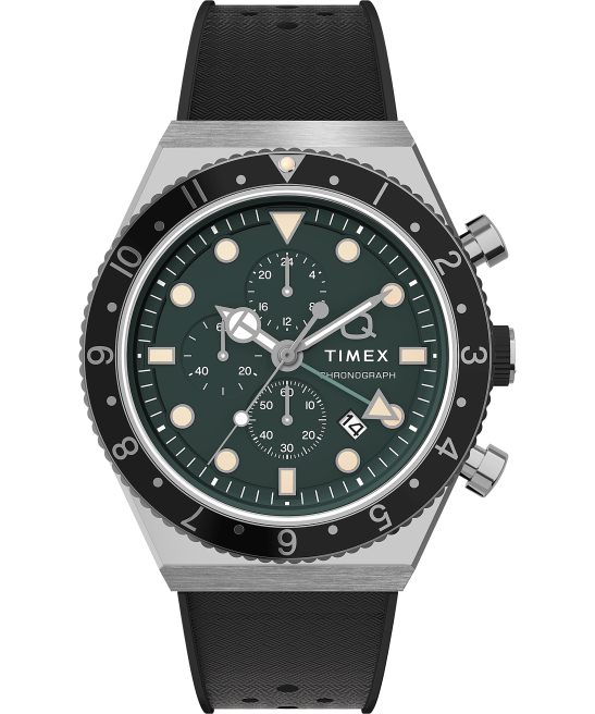 relojes | Q Timex Reloj cronógrafo de tres zonas horarias de 40 mm con correa de caucho sintético acero inoxidable/negro/verde hombres Z8X263