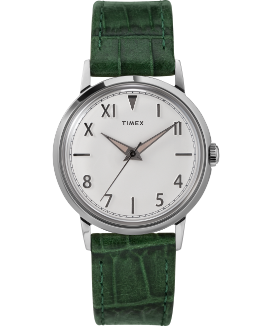 relojes | Timex Reloj Marlin de cuerda manual con esfera California de 34 mm y correa de cuero acero inoxidable/verde/blanco hombres Z8X268