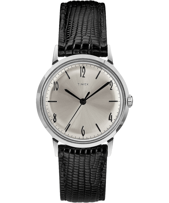 relojes | Timex reloj marlin de cuerda manual de 34 mm con correa de cuero negro/tono plateado hombres Z8X277