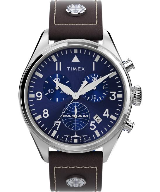 relojes | Timex x Reloj cronógrafo pan am de 42 mm con correa de piel. acero inoxidable/marrón/azul hombres Z8X280