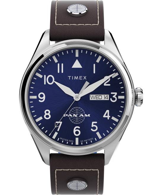 relojes | Timex x reloj pan am day-date de 42 mm con correa de cuero acero inoxidable/marrón/azul hombres Z8X281