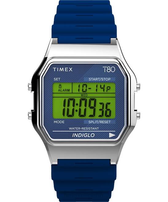 relojes | Timex reloj t80 de 34 mm con correa de resina tono plateado/azul hombres Z8X2266