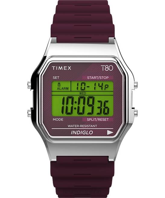 relojes | Timex reloj t80 de 34 mm con correa de resina tono plateado/burdeos hombres Z8X2262